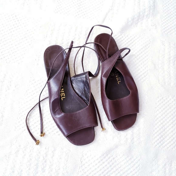 CHANEL Shoes - CHANEL Brown Leather Tie Back Flat Sandal